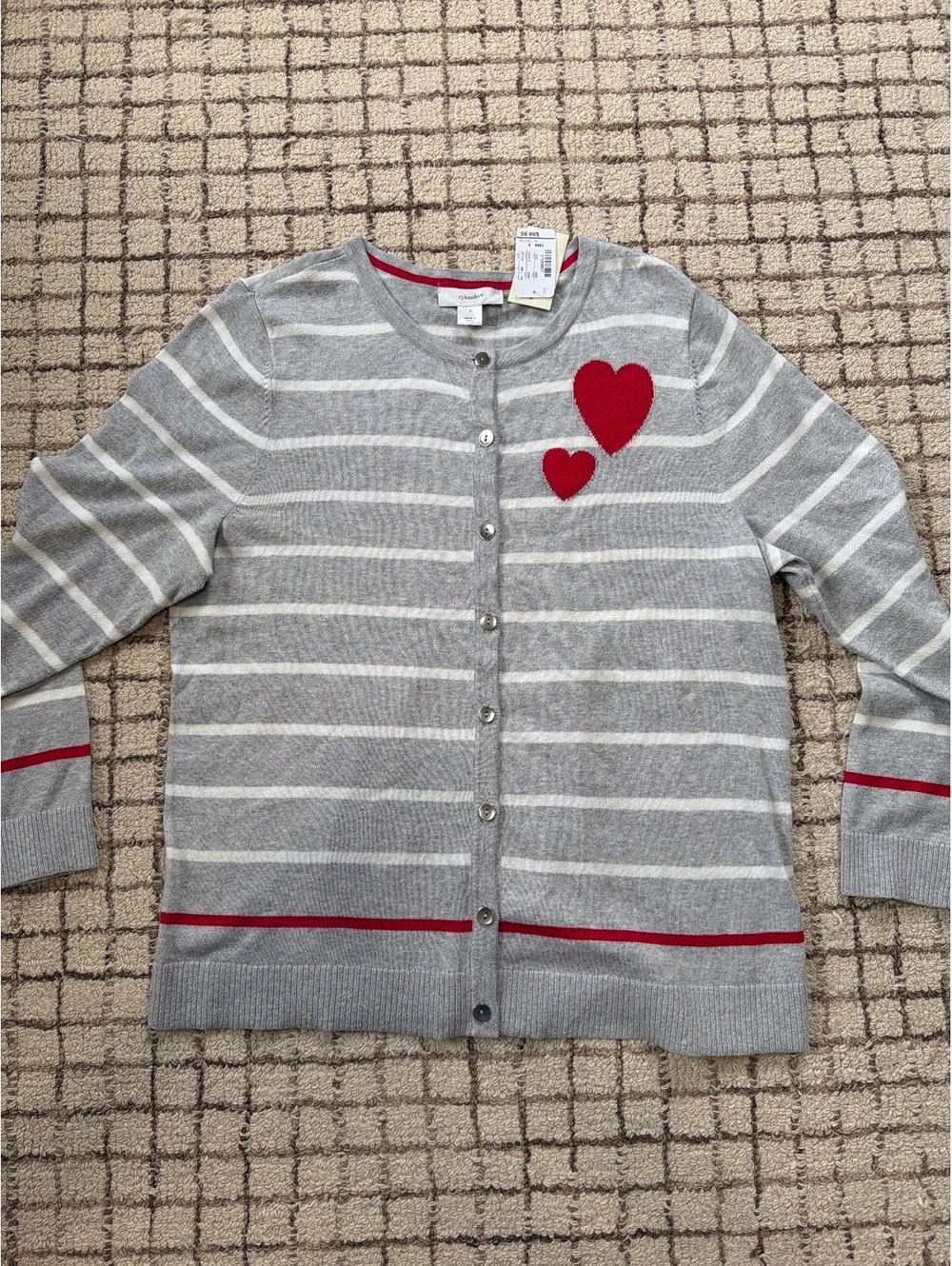 Women’s NWT CJ Banks Gray striped Heart Sweater Grandma grannycore Valentines X